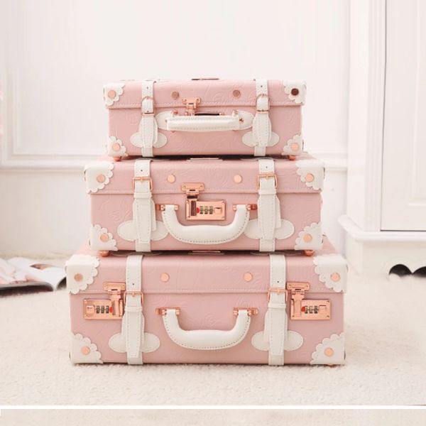 Valigie 2023 Fashion Pink PU Leather Vintage Vintage Vintage Hand Lightven Carry Girl Girl Case Case Rose Gold Retro Suitcase