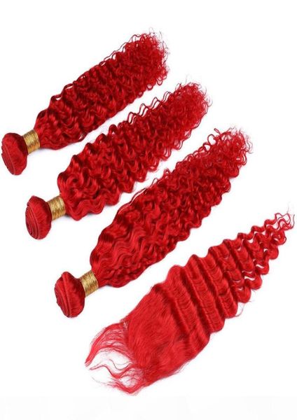 Billige malaysische leuchtend rote menschliche Haare Bündel Deep Wave mit Verschluss farbig rot tiefe, wellige 4x4 vordere Spitzenverschluss mit Weben 4pcs6240702