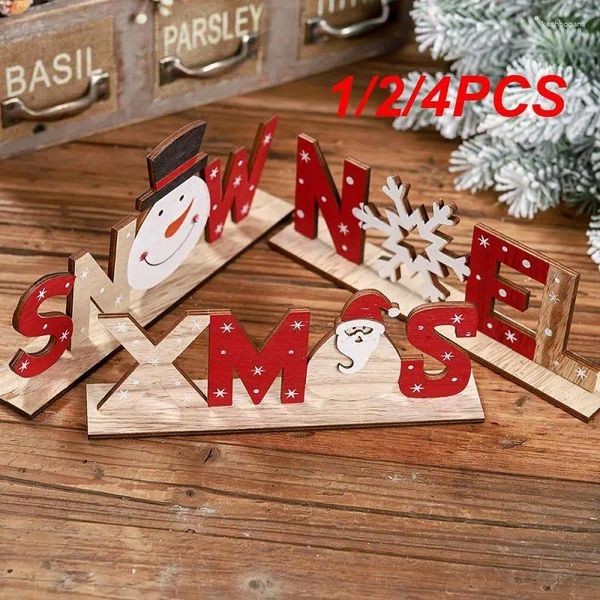 Dekorative Figuren 1/2/4pcs Holz Weihnachten Ornament Santa Klausel Schneemann Schneeflockendekor Frohe Dekoration für Home Tisch Weihnachtsjahre