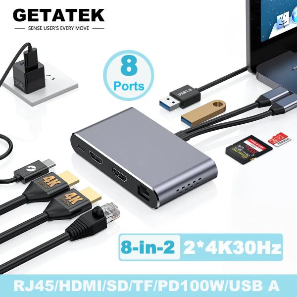 Hubs getatek USB Hub 8 em 2 posta de ancoragem VGA USB tipo C Hub 4K30HZ Dual HDMI Compatível USB 3.0 Adaptador SD Reader RJ45 PD100W