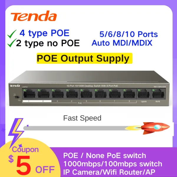 Переключатели Tenda Poe Ethernet Переключатель 5/6/8/10ports Fast Network Switch Gigabit 100/1000 Мбит/с.