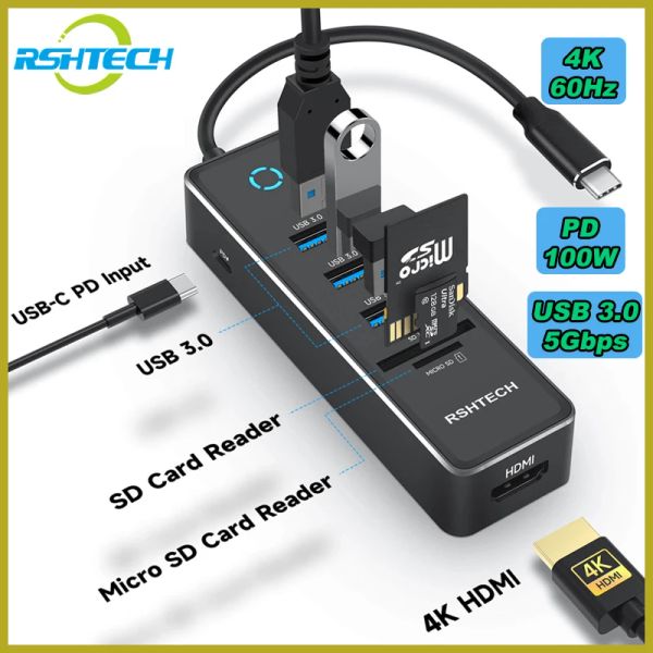 Hubs RSHTECH T16 USB C Adaptador do dongle tipo C Tipo C com porta de dados 4K HDMI USB 3.0 Data 100W PD SD/TF Reader USB C Hub Centro