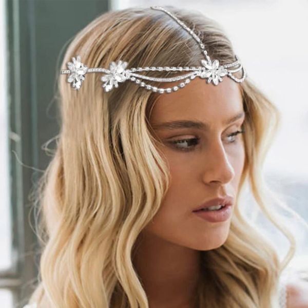 Gioielli Stonefans Flower Flower Chain Rhinestone Catena della testa Bride Firsella Triara Catena per capelli Catena di peli Bohemia Evita per copricapo da sposa gioielli