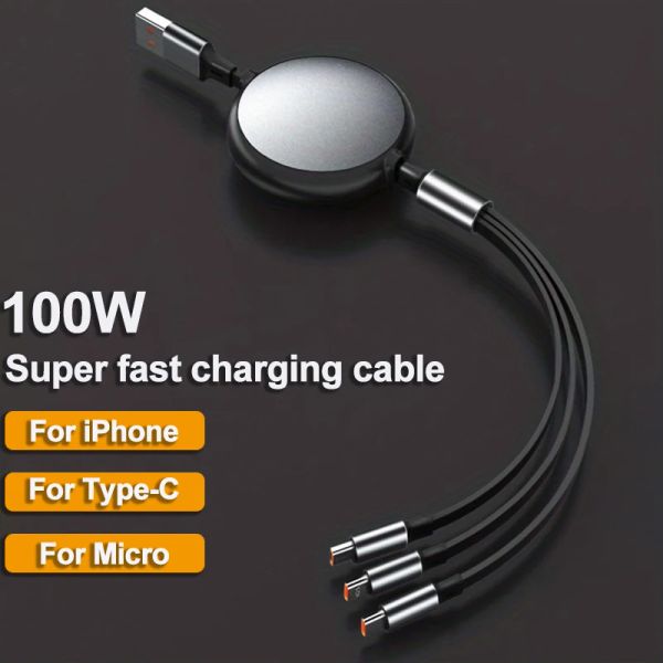 3 в 1 выдвижной 100 Вт кабель данных о быстрого зарядка Тип USB C/Micro для Sumsung Xiaomi 13 Huawei iPhone 14 зарядка телефон USB -шнур 1,2 м с розничной коробкой