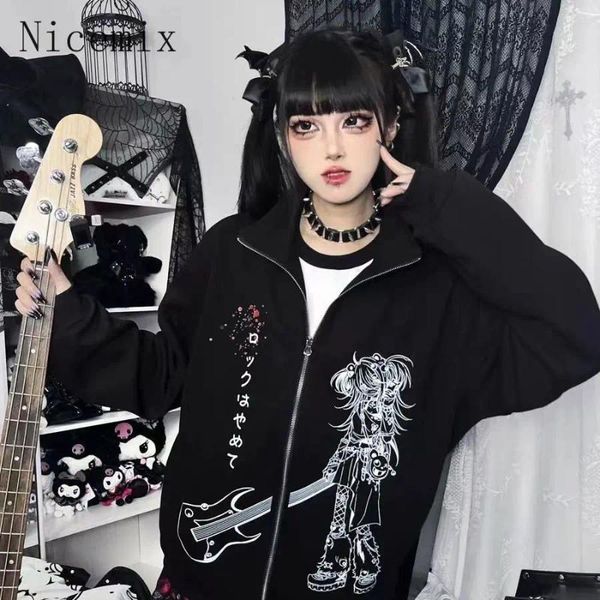 Damenjacken japanische Anime Sweatshirts Gitarre Doppelzip Coat Frauen Top Herbst und Winter Wildleder lose süße kühle y2k Kleidung
