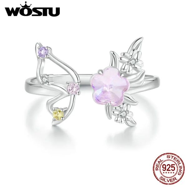 Anéis Wostu anel aberto 925 Sterling Silver Pink Butterfly Ring com vidro rosa para mulheres Girl Birthday Birthday Jewelry Fir1011