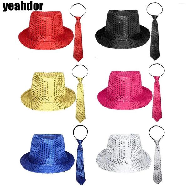 Berets Paillistin Fedora Hat Jazz Performance und Pre-Tie Krawatte Retro Disco Halloween Party glänzende Requisiten für Kinder Erwachsene