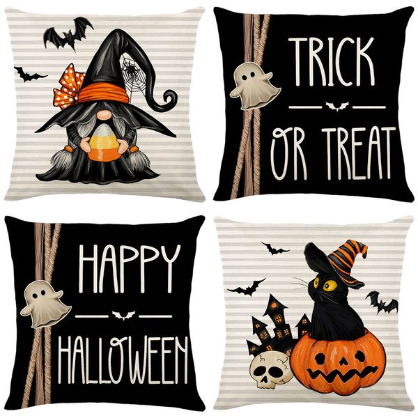 Happy Halloween Throw Pillow Capas 18x18 Bat Black Cat Home Decoration Gnome Pumpkin Linen Pillow Cushion