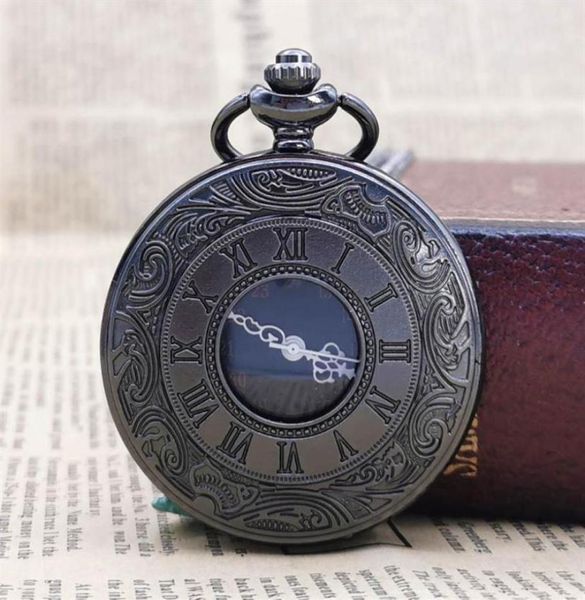 Античный шарм в стиле стимпанк черный кварцевый колье карманные часы Hollow Vine FoB Clob с цепками подвески женщины мужские подарки191C2657625