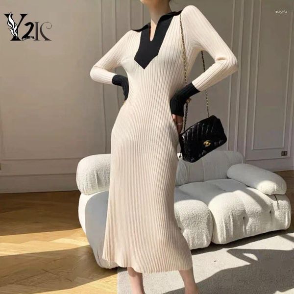 Lässige Kleider y2k Kleidung Koreanisch im Herbst Frühling Stricken Midi Long Damen Kleidung Strickwege Elegante Körperkleid Kleid Vestidos