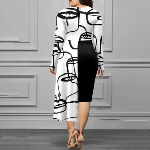 Lässige Kleider modische Frauen Kleidung elegante abstrakte Figur Print Midi Kleider Medium Stretch Asymmetrischer Saum für den Frühling Herbst