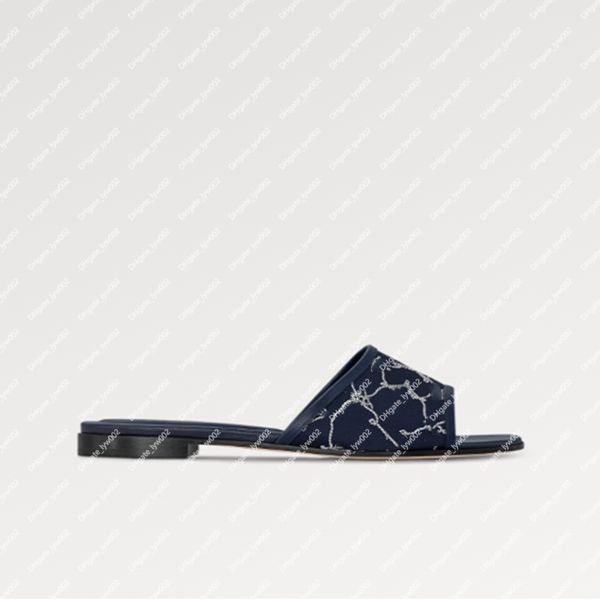 Explosão New Women Neo Revival Flat Mule 1Acseq Marinha azul Bordado de tecido bordado em sola durável de couro náutico Spirit frontal Strap Strapings Side Relaxed Lado