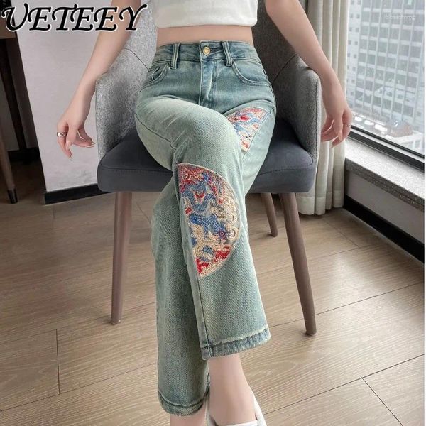 Jeans feminino Bordado em estilo chinês Mulheres heterossexuais 2024 Primavera Verão Blue High Soly Cintura Torno