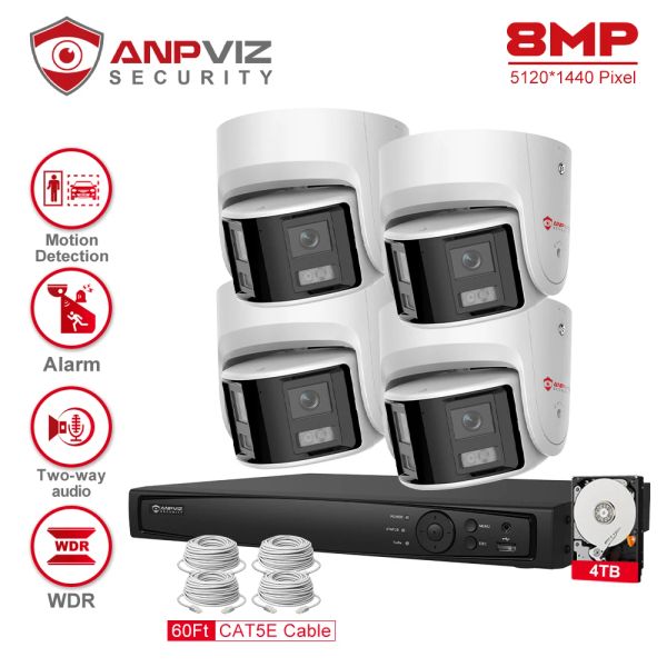 LENS ANPVIZ 8CH 4K NVR 8MP Dual Lens Poe Camera Ultra Wide Angel 180 ° CAMERA PANORAMICA Sistema in tempo reale Kit di rilevamento del veicolo AI IP67