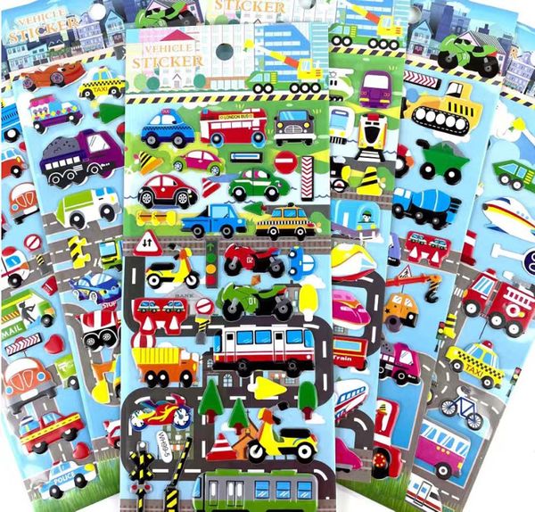 6 Blätter 3D Bubble Sticker Auto Truck Flugzeug Wasserverkehrsdichtem Cartoon Anime Aufkleber für Mädchen Jungen Kinder Babypaste Malerei lustiges Bildungsspielzeug