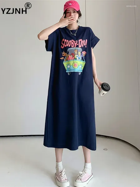 Partykleider yzjnh 2024 Sommer langes Kleid Frauen koreanische losen Cartoon Anime Print runder Nacken fliegende Ärmel T-Shirt große Größe