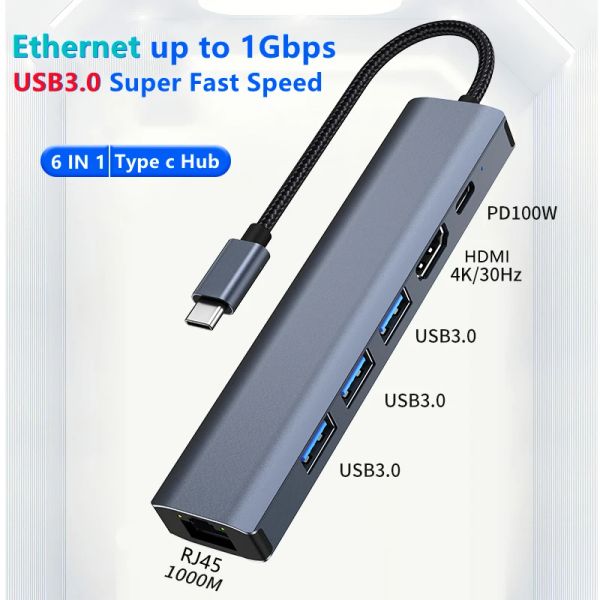 Hubs 5/6 in 1 stazione di docking USB C con gigabit 1000m Ethernet USB 3.0 HDMI 4K 100W PD Adattatore HUB USBC per MacBook
