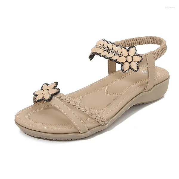 Sapatos casuais Summer Mulheres de 1,5 cm de plataforma de 2,5 cm de salto baixo sandálias romanas senhora mais tamanho de flor brilhante boêmio