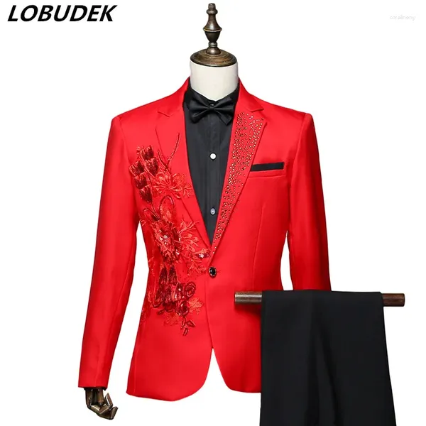 Abiti da uomo maschile abbigliamento corale abbigliamento da palcoscenico rosso strass bianco giacca applique pantaloni abitudini ospiti da ballo costume sottile