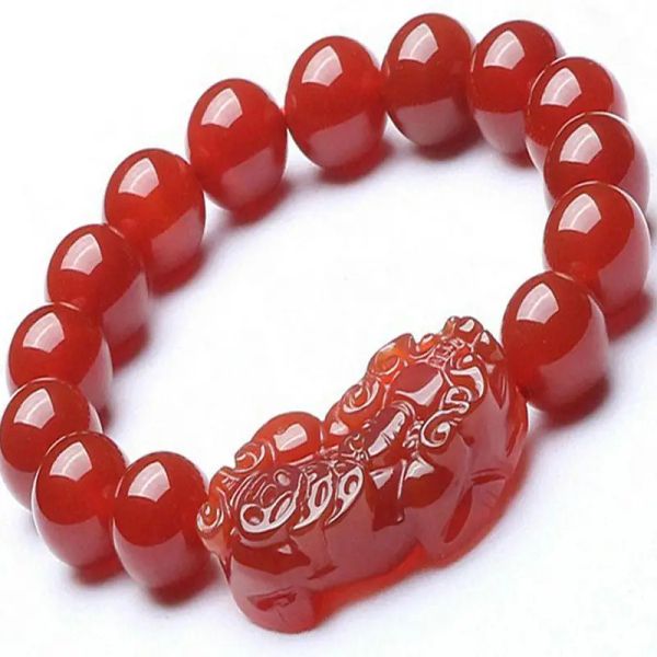 Armbänder natürliche rote Jade Pixiu Armband Pulsera Feng Shui Männer Frauen Heilung Schmuck Karelationsperle elastische Perlen Glücksbänder