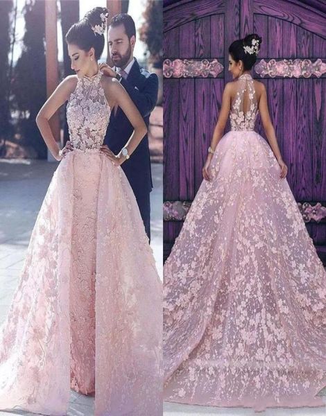 Erröten rosa neues Design Sweep Zug 2019 Eine Linie Brautkleider Halfterhälfte sexy Rücken Empire Tulle Full 3Dfloral Applikationen WE8747003