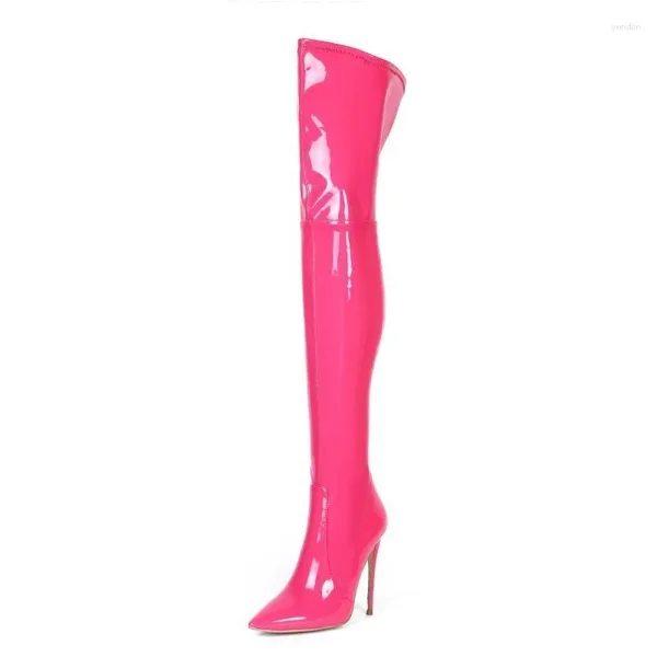 Stiefel Rose Pink Women 2024 Winter High Heels Patentleder über dem Knie große Größe Zehen Langes Mädchenschuhe