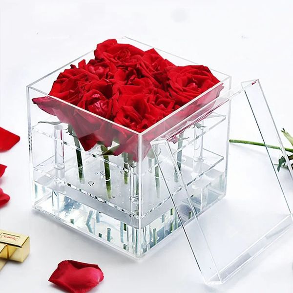 Klarer Acryl Rose Flower Box Make -up Organizer Blume Geschenkbox Valentinstag Hochzeit Dekor Geschenkkoffer handgefertigte Geschenkbox Vase 240415