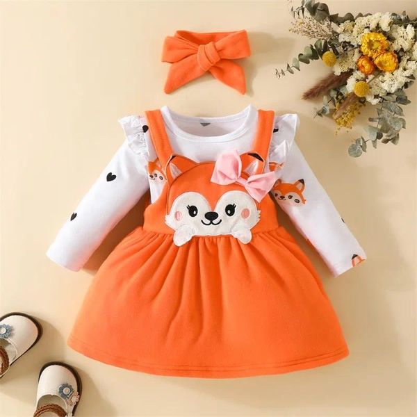 Kleidungsstücke Set Säuglingsmädchen Herbst -Outfit Langarmdrucken Strampler und orangefarbener Hosenträger Rock Stirnband