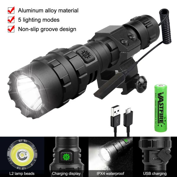 SCOPES THIFLAGGIO LED LED BRIGHT POTENTE TATTICA TATTICA 10W L2 LIGHT ARMA DI ARMA 5 MODES+STANTE DI AMILE DI FUCILE+Interruttore+18650+Caricatore