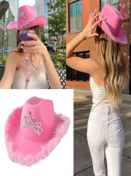 Cappelli a bordo largo cappello da cowboy rosa LED Tiara Women039s Sequestro DECORAZIONE FURRY CAP CAPPEGGIO COWGIRL in stile occidentale Costu1392273