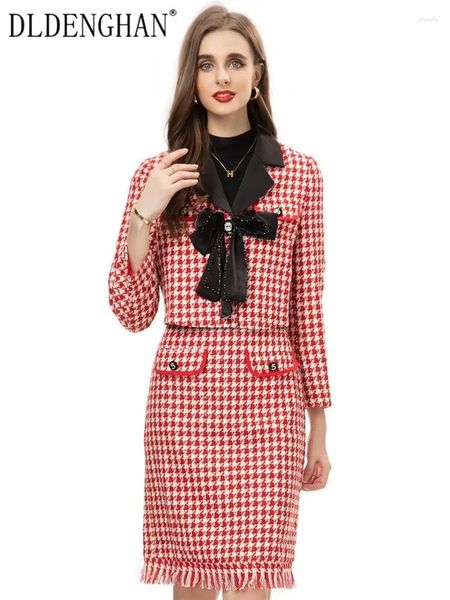 Arbeitskleider Dldenghan Herbst Plaid Tweed Anzug Frauen Langarm Perlen Bow Kurzmantel Quasten Bleistift Rock 2 -teilige Set Fashion Designer