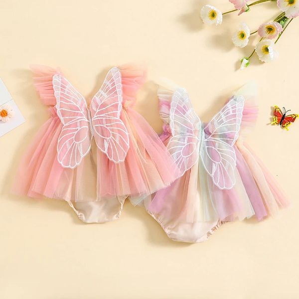 Säuglingsmädchen ROMPERS Kleid Stickerei Schmetterling Flügel Fliegenhülle Regenbogen Farbe Tüllrock Jungenstuhl Kleidung Baby Sommerkleidung 240409