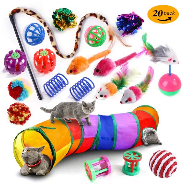 Giocattoli per tunnel set di giocattoli per gatti teaser stick sostituito da piume a sfera a molla mouse accompagnare i peluche interattive gettoni per gattino per gattino