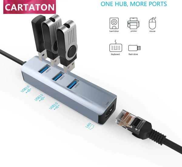 Hubs USB 3.0 a 3Port USB 3.0 Hub con RJ45 10/100/1000 Gigabit Ethernet Adapter Support per Win10,8.1, Mac OS, Surface Pro, Linux