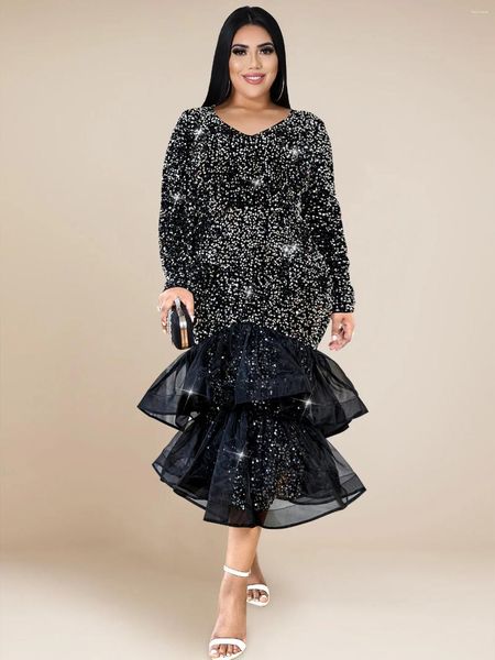 Vestidos de tamanho grande mulheres preto luxo de lantejoulas de festas de baile de lantejoulas de manga comprida veludo com flare bufle de camadas de inverno 2024 4xl