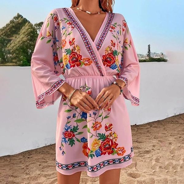 Lässige Kleider 2024 im Frühjahr Sommer Lose Print Bohemian Chic und elegante Frau Kleid V-Ausschnitt Vintage Style Urlaub Boho mitten in der Länge