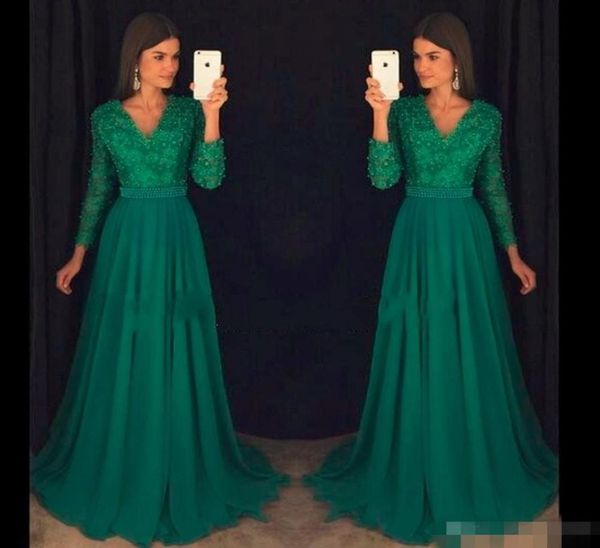 Smeraldo elegante abendkleider maniche lunghe abiti da ballo feste in chiffon vintage in perline di abiti formali modesti da sera9793046