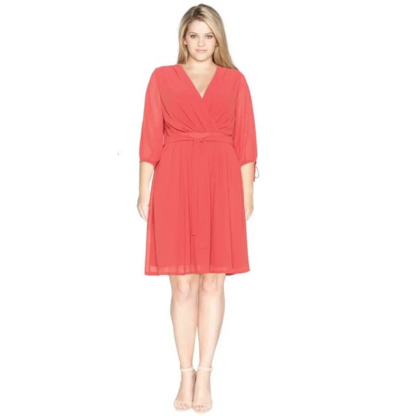 Plus Size Schärpe zurück elegante Sommer Red Chiffon Party Kleid Faltenüberschüsse Hals Casual Office Große A-Linie 240420