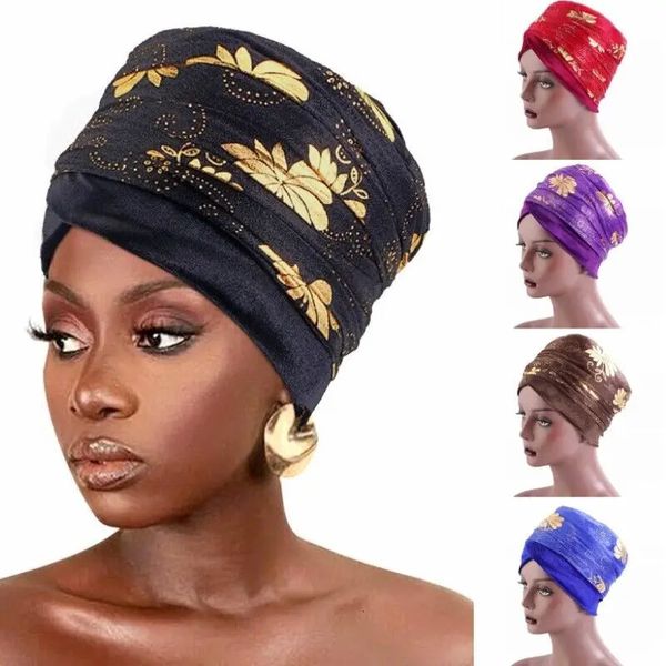 Winter Women Velvet Turvet Turban Cabeça Wrap Wrap Hijab Bonnet Cap Africano Nigeriano Nigeriano Tubos de Tubos Acessórios para Cabelo 240410