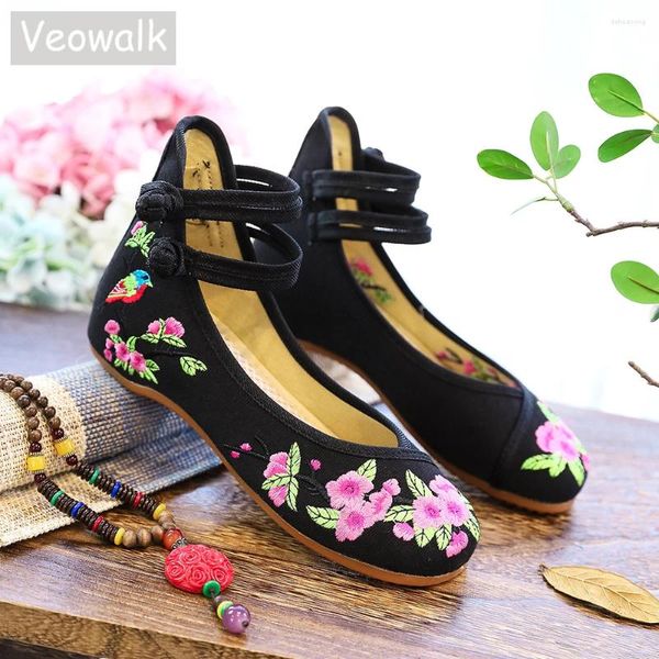 Lässige Schuhe Veowalk Blume Vogel bestickte Frauen Wattebutte Stoff flacher Damen Vintage Chinesische Stil weiche bequeme Ballettflats