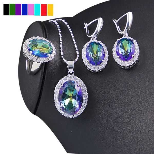 Halsketten Silber 925 Klassische Schmucksets für Frauen Blau Regenbogen Sapphire Topaz Amethyst Morganit Brautschmuck Halskette Ohrringe Ring Ring