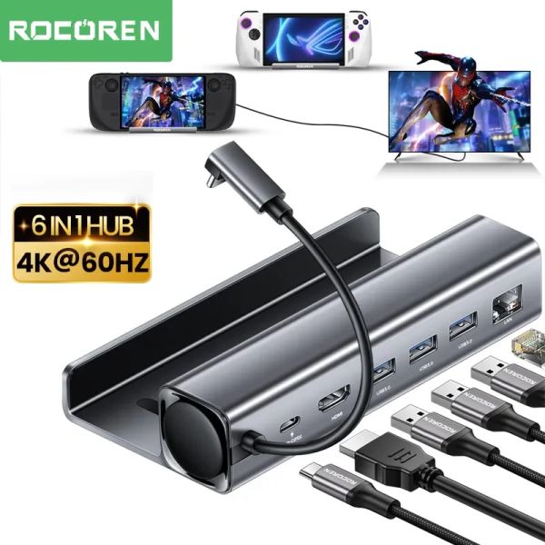 Hubs Rocoren Steam Deck Docking Station 6 em 1 USB C Hub Hdmicompatible 4K60HZ RJ45 Dock para Steamdeck Nintendo Switch Asus Rog Ally