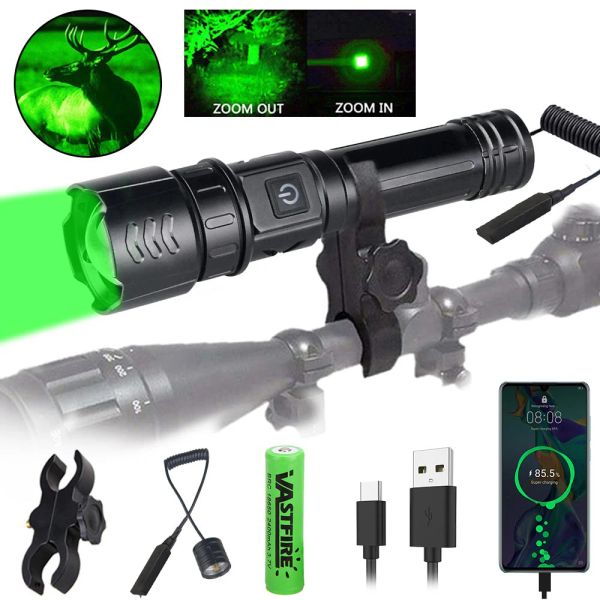 Scopes Tactical Green/Red LED Hunting Hunting Taschenlampe Zoomable Lampe 5 Modi Torch Typec Fast Ladewaffe für den Außendetektor