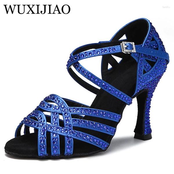 Sapatos de dança wuxijiao shinestone cetim sandálias de festas salão latino azul de casamento solo solo