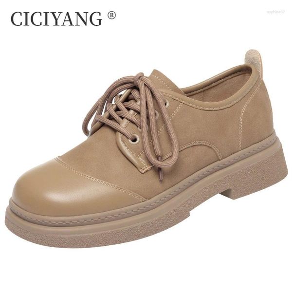 Sapatos casuais Ciciyang Lace Up Leather For Women 2024 Primavera Britânica Retro Ladies Low Heel Khaki confortável