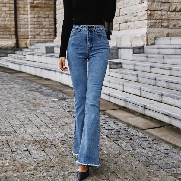 Frauen Jeans Frachthose Frauen hohe Taille Frühling Herbst Weitbein Elastizität Schlanker Nähen Denim Flared Streetwear Retro Hosen