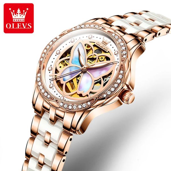 Orologio meccanico Olevs per donne ceramico blu cinghia originale orologio da polso scheletro automatico diamante orologi da donna eleganti set 240419