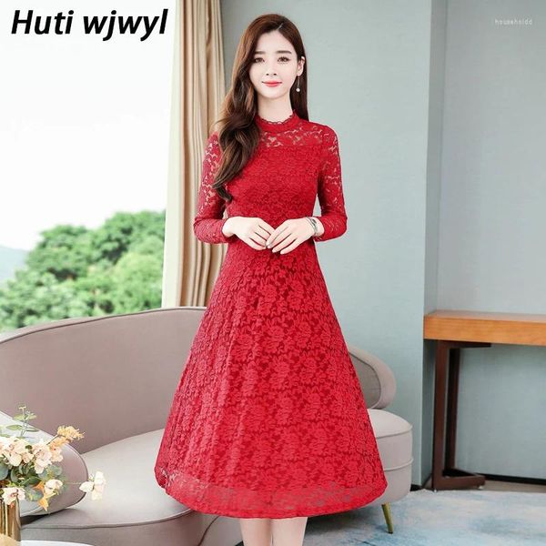 Abiti casual 2024 Red Vintage Red Sexy Lazi Lady Midi Autunno inverno abito a maniche lunghe solide Donne eleganti BodyCon Party Evening Vestidos