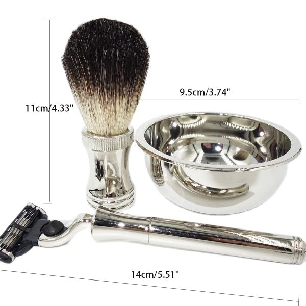 Lâminas para cabelos de texugo puro Homens de barbear kit de ferramentas de barbear com face Razor Conjunto e sabonete de aço inoxidável Tigela de caneca de espuma