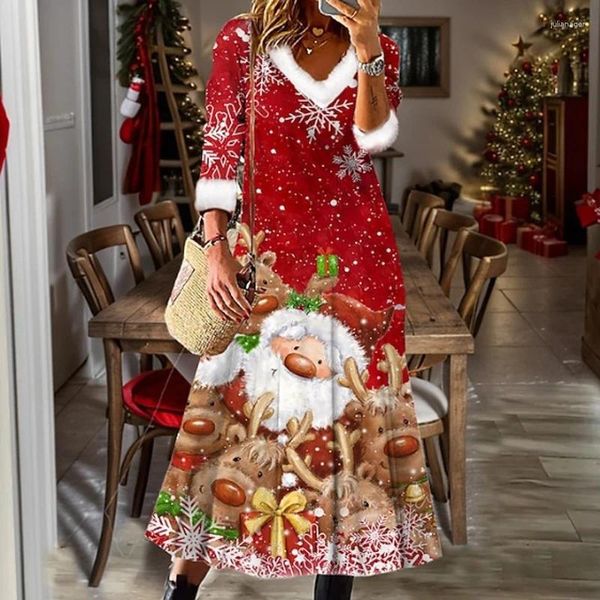 Günlük elbiseler Noel Noel Baba baskı gece elbisesi kadınlar sonbahar kürk v-yaka boho uzun kollu a-line maxi vestido